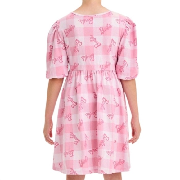 Girls’ Barbie Checkered Short Puff Sleeve Dress - Pink XS - Picture 2 of 4